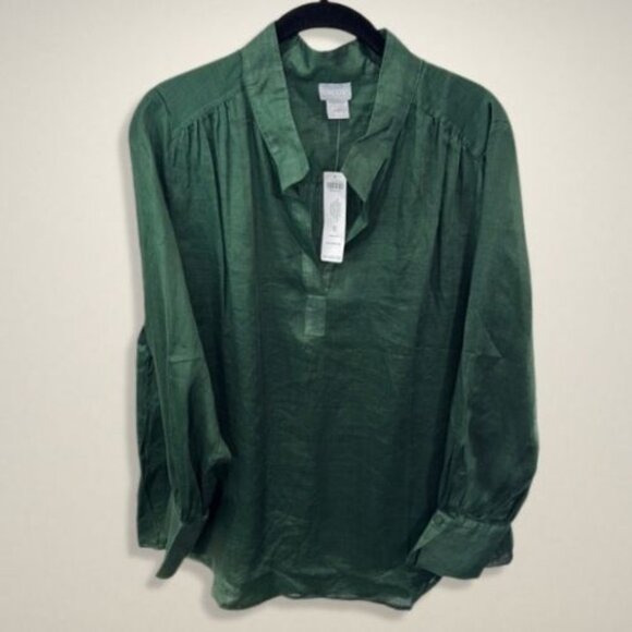 Chico's Ruched Popover Blouse Collared Pullover Silk Mossy Stone Women's 2 NWT - Picture 3 of 9